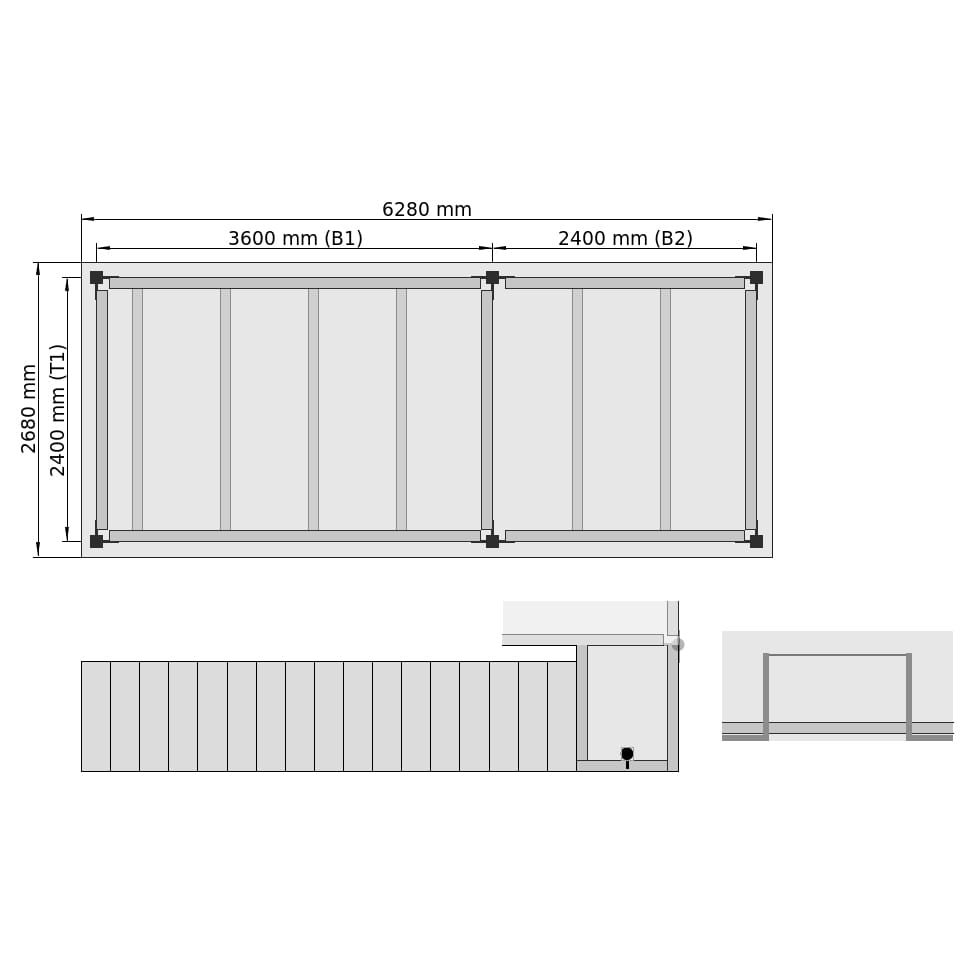 Lagerbühnen LBX 8000 Rechteck, 2 Felder, B: 6.280 mm, T: 2.680 mm mm, Treppe: aussenMitPodest, Übergabe: mitKetteGesichert