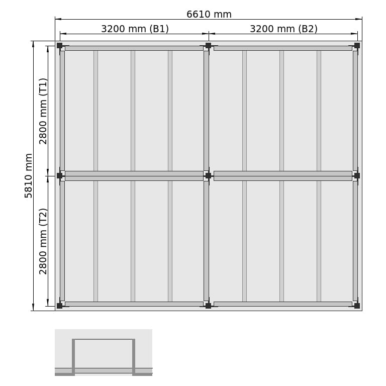 Lagerbühnen LBX 8000 Rechteck, 4 Felder, B: 6.610 mm, T: 5.810 mm mm, Treppe: ohne, Übergabe: mitKetteGesichert