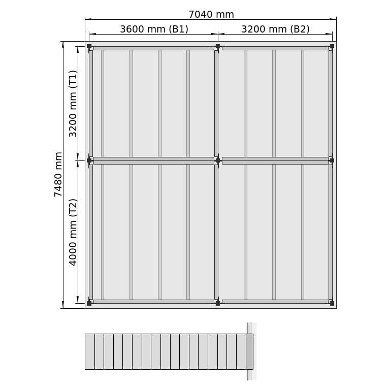 Lagerbühnen LBX 8000 Rechteck, 4 Felder, B: 7.040 mm, T: 7.480 mm mm, Treppe: vorgesetzt, Übergabe: ohne
