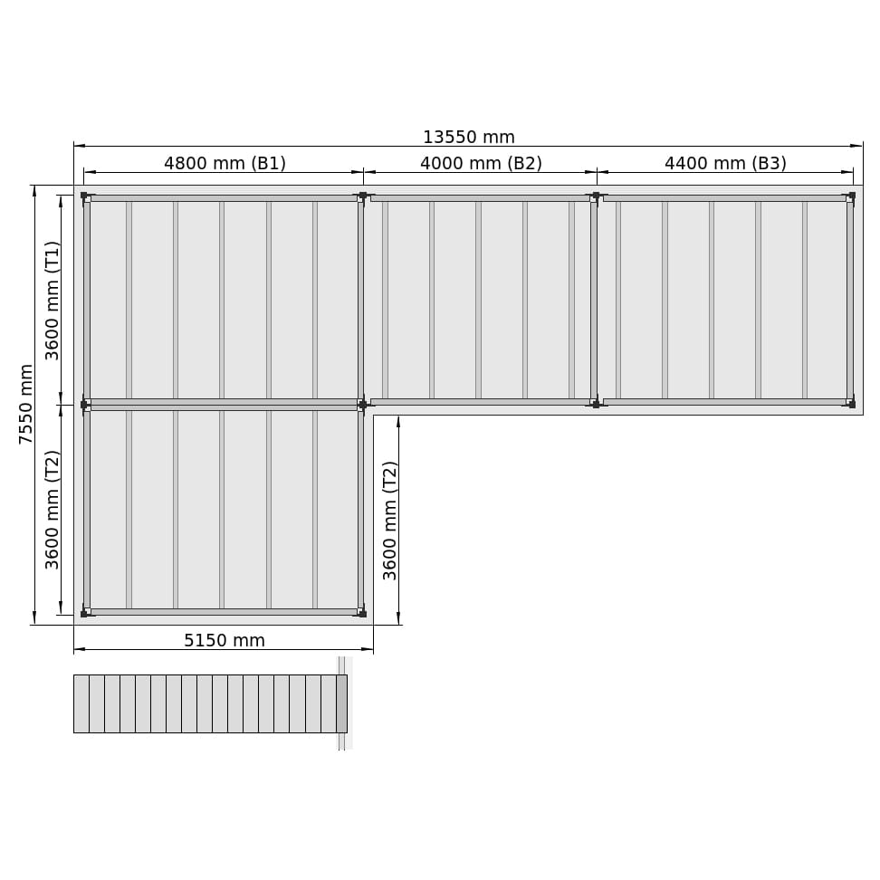 Lagerbühnen LBX 8000 L-Form links, 4 Felder, B: 13.550 mm, T: 7.550 mm mm, Treppe: vorgesetzt, Übergabe: ohne