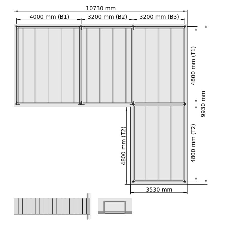 Lagerbühnen LBX 8000 L-Form rechts, 4 Felder, B: 10.730 mm, T: 9.930 mm mm, Treppe: vorgesetzt, Übergabe: mitKetteGesichert