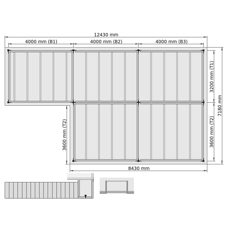 Lagerbühnen LBX 8000 L-Form rechts, 5 Felder, B: 12.430 mm, T: 7.180 mm mm, Treppe: aussenMitPodest, Übergabe: mitKetteGesichert