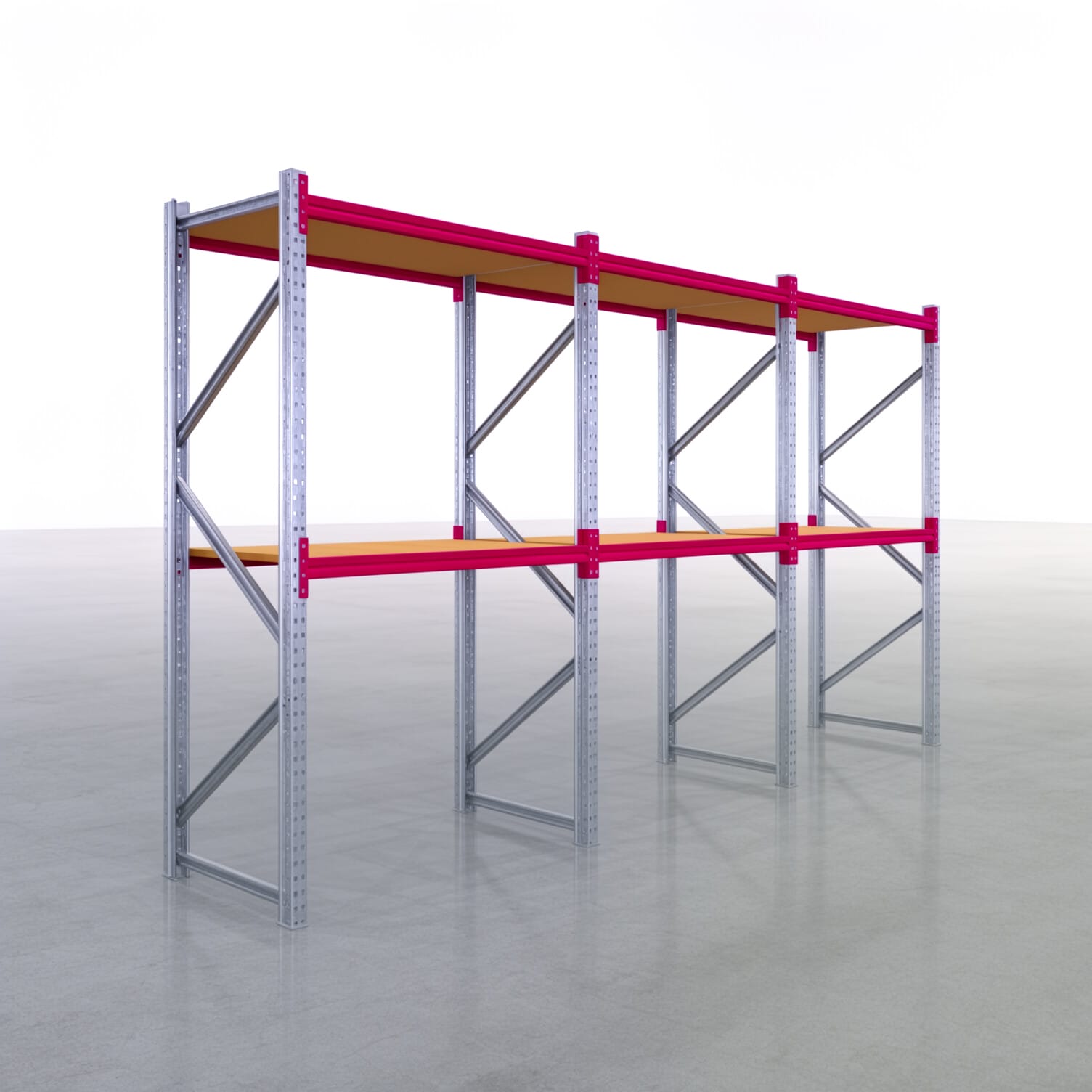 Weitspannregale WSX 5000, H: 2.400 mm, B: 4.748 mm mm, T: 800 mm, Ebenen: 3, Feldbreite: 1.500 mm, Auflage: Spanplatte