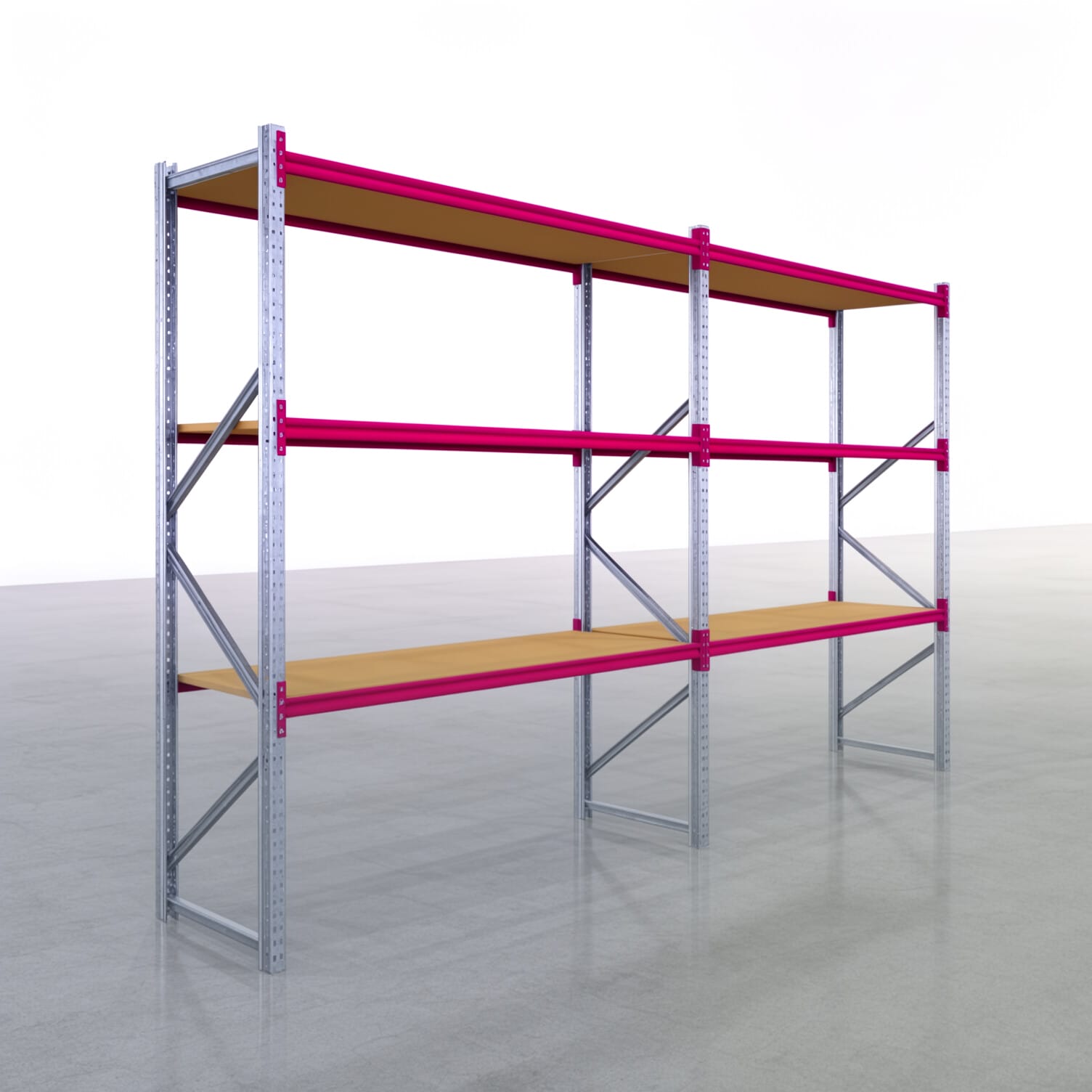 Weitspannregale WSX 5000, H: 3.000 mm, B: 5.167 mm mm, T: 800 mm, Ebenen: 4, Feldbreite: 2.500 mm, Auflage: Spanplatte